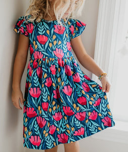 Blue Floral Flutter Sleeve Spring Dress