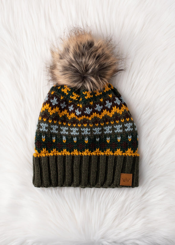 Olive & Multicolored Patterned Pom Hat