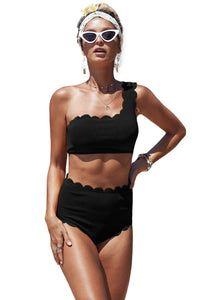 One Shoulder Scalloped High Waist Bikini Set