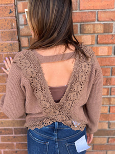 Crochet Lace Open Back Pullover Sweater