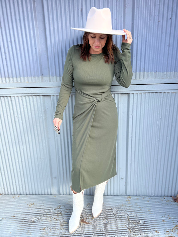 Long Sleeve Ribbed Overlap Detail Maxi Dress