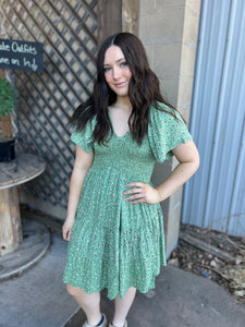 Floral Short Sleeve V Neck Smocked Dress