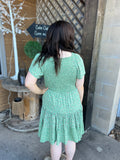 Floral Short Sleeve V Neck Smocked Dress