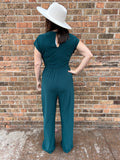 V Neck Short Sleeve Waist Shirring Wide Leg Jumpsuit