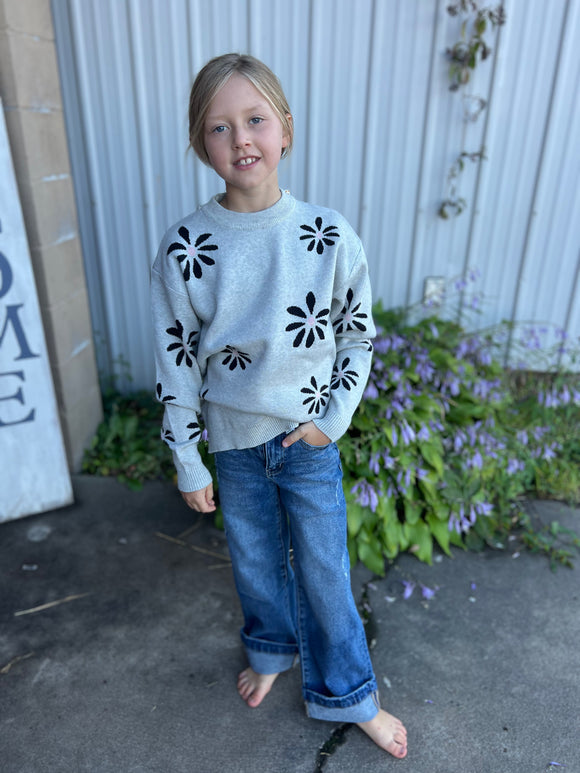 Kid's Light Gray Flower Crew Neck