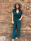 V Neck Short Sleeve Waist Shirring Wide Leg Jumpsuit