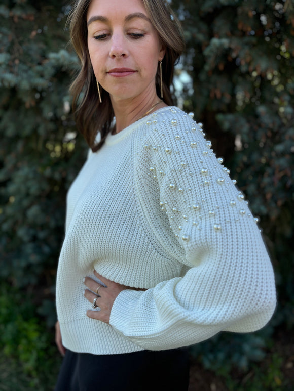Pearl Shoulder Long Sleeve Sweater
