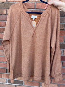 Split Neck Long Sleeve Raglan Knit Top