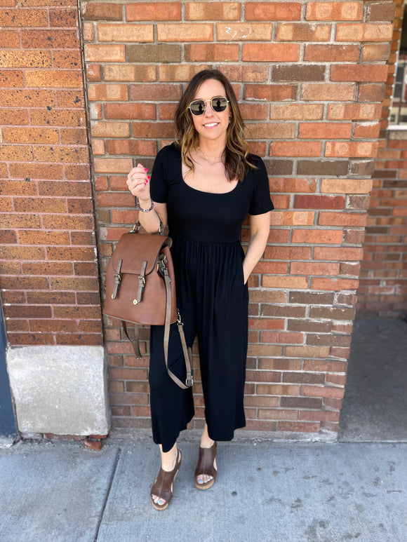 Square Neck Short Sleeve Knit Jumpsuit