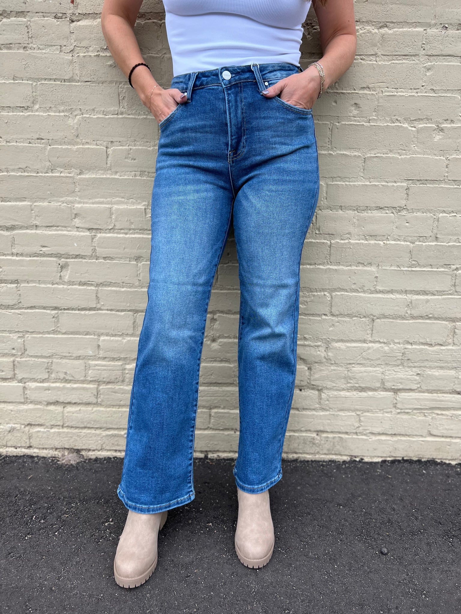 Risen Medium Wash High Rise Wide Leg Jeans