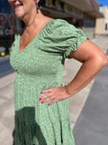 Floral Short Sleeve V Neck Smocked Dress