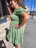 Floral Short Sleeve V Neck Smocked Dress