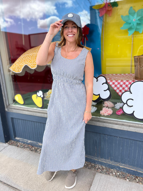 Sleeveless Seersucker Striped Side Slit Maxi Dress