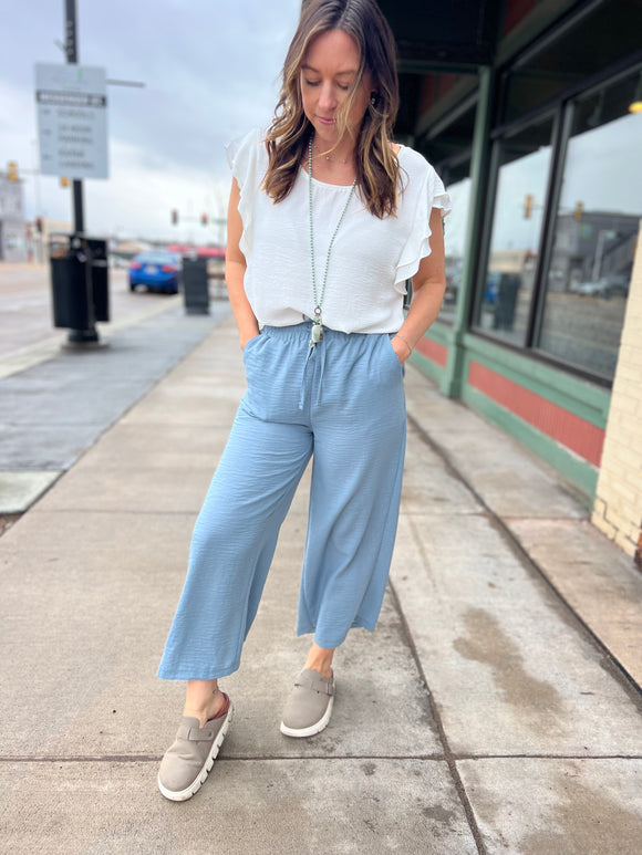 Cropped Woven Crepe Elastic Waist Band Pants