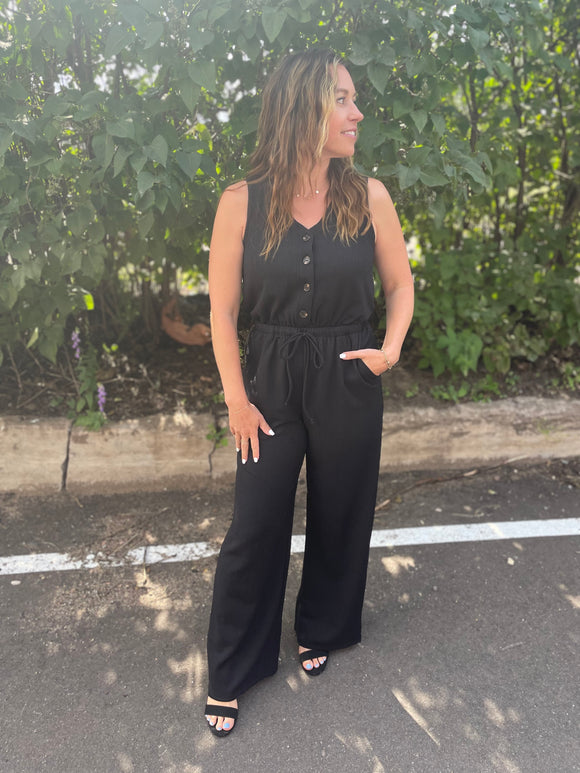 Sleeveless V-Neck Button Down Jumpsuit