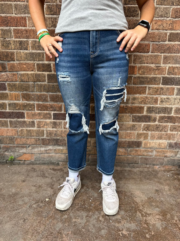 Risen High Rise Crop Straight Cuffed Distressed Jeans