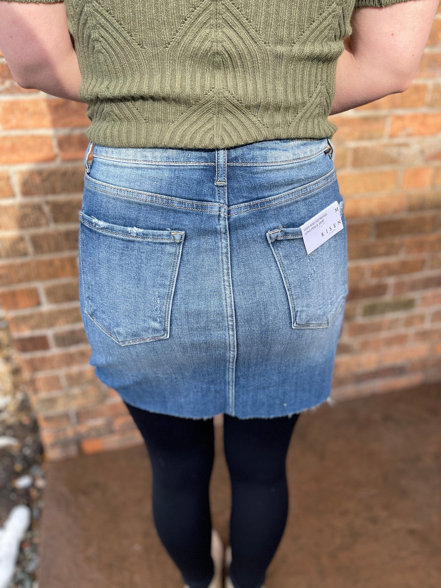 High Rise Distressed Risen Denim Skirt – Two Sisters Boutique